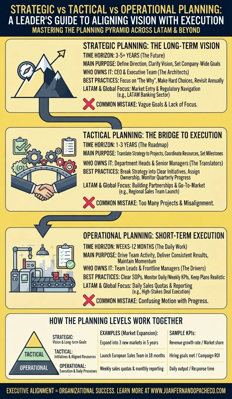 A detailed vertical infographic with a light yellow background, organized into three main sections flowing from top to bottom: Strategic Planning, Tactical Planning, and Operational Planning. Each section has a title, specific icons, lists of characteristics, examples, and a common mistake. A summary pyramid at the bottom shows the hierarchy, followed by a footer with a call to action.