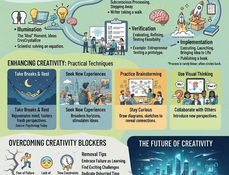 An infographic titled "WHAT IS CREATIVITY: A Deep Dive into Innovation & Originality." The image uses a teal and yellow-green palette to illustrate the foundation, the non-linear process (including icons from image_0.png: Preparation, Incubation, Illumination, Verification), six enhancement techniques, five blockers with tips, and the future of creativity. It includes branding for Juan Fernando Pacheco.