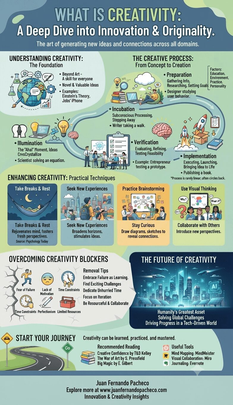 An infographic titled "WHAT IS CREATIVITY: A Deep Dive into Innovation & Originality." The image uses a teal and yellow-green palette to illustrate the foundation, the non-linear process (including icons from image_0.png: Preparation, Incubation, Illumination, Verification), six enhancement techniques, five blockers with tips, and the future of creativity. It includes branding for Juan Fernando Pacheco.