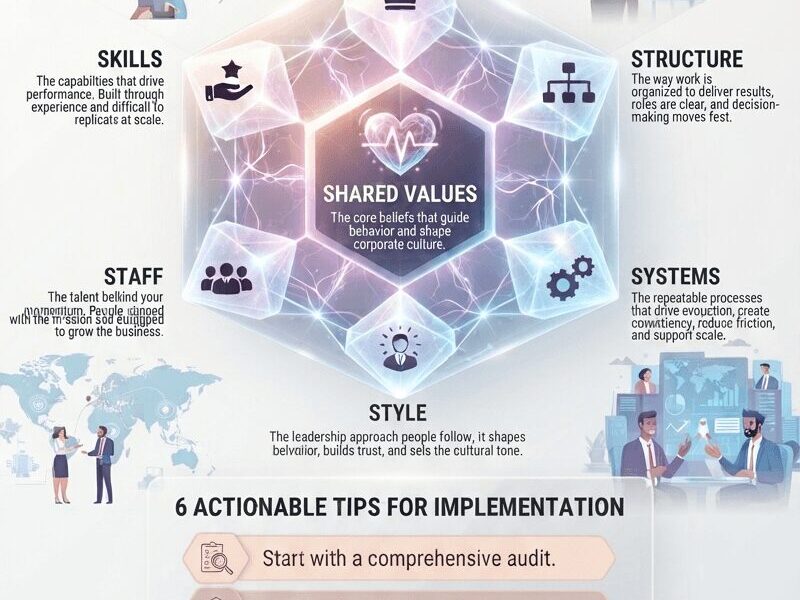 An infographic titled "The McKinsey 7S Model: A Timeless Framework for Building High-Performance Organizations" with the subtitle "A Comprehensive Guide for Global & LATAM Leaders." The image features a central glowing hexagonal diagram of the 7S model, with "Shared Values" at the core, surrounded by "Strategy," "Structure," "Systems," "Style," "Staff," and "Skills," each with icons and brief descriptions. The background includes illustrations of a world map, global cities, and diverse business professionals. Below the diagram is a section titled "6 Actionable Tips for Implementation" and a footer with the author's name and website.
