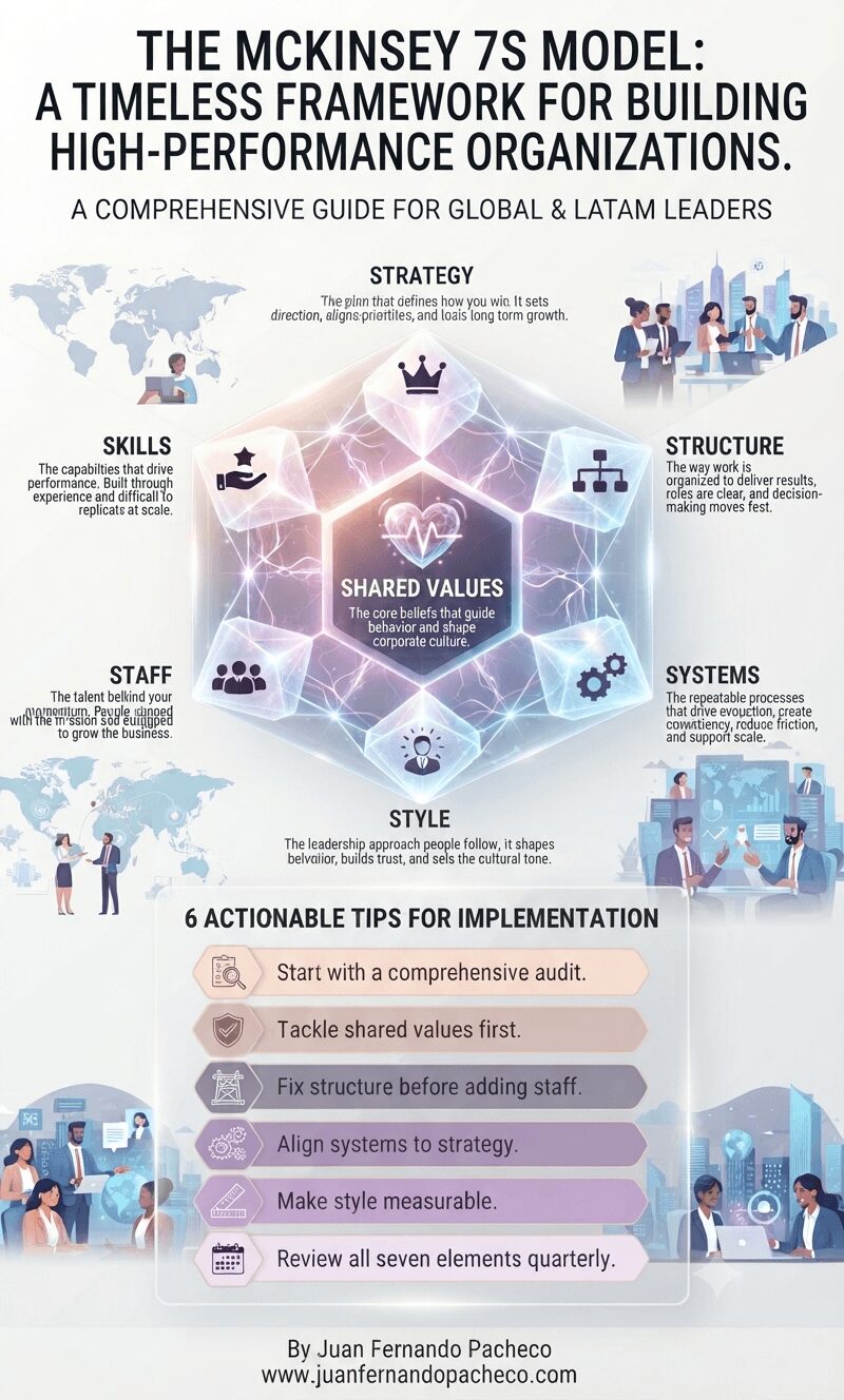 An infographic titled "The McKinsey 7S Model: A Timeless Framework for Building High-Performance Organizations" with the subtitle "A Comprehensive Guide for Global & LATAM Leaders." The image features a central glowing hexagonal diagram of the 7S model, with "Shared Values" at the core, surrounded by "Strategy," "Structure," "Systems," "Style," "Staff," and "Skills," each with icons and brief descriptions. The background includes illustrations of a world map, global cities, and diverse business professionals. Below the diagram is a section titled "6 Actionable Tips for Implementation" and a footer with the author's name and website.