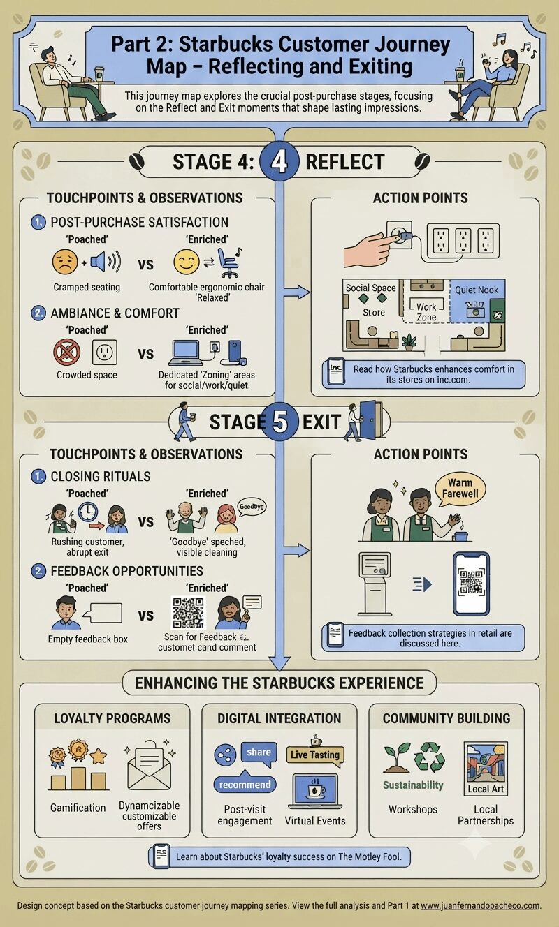 An infographic illustrating the Starbucks customer journey map for post-purchase stages. It includes "Stage 4: Reflect" and "Stage 5: Exit," contrasting "Poached" (negative) and "Enriched" (positive) experiences. The final section, "Enhancing the Starbucks Experience," details cross-stage opportunities in loyalty programs, digital integration, and community building. The design uses a muted color palette of beige, blue, and gray.