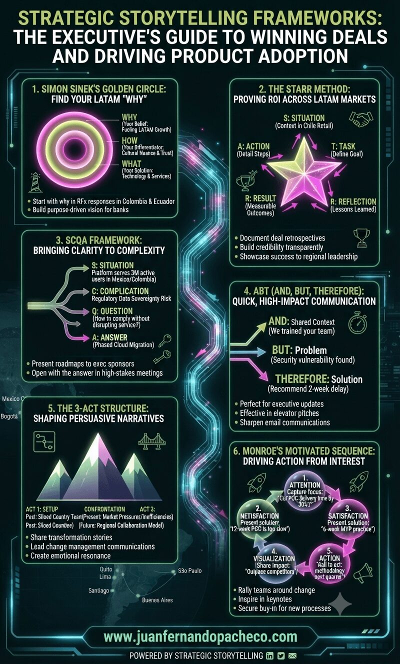 A vertical infographic titled "Strategic Storytelling Frameworks: The Executive's Guide to Winning Deals and Driving Product Adoption," set against a dark teal background with glowing pink, magenta, and lime-green accents. It outlines six key storytelling methodologies (Golden Circle, STARR, SCQA, ABT, 3-Act Structure, Monroe's Motivated Sequence) with detailed components and practical examples for each. Key examples are drawn from Latin American markets like Mexico, Colombia, and Chile. The bottom of the image features the URL "www.juanfernandopacheco.com."