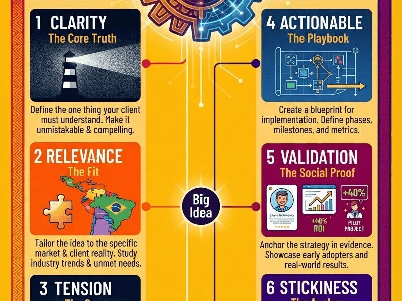 The Big Idea Framework infographic showing a 6-element strategy model divided into BUILD and SELL phases. BUILD phase includes: 1) Clarity-The Core Truth with lighthouse icon, 2) Relevance-The Fit with Latin America map and puzzle piece, 3) Tension-The Gap showing bridge from now to future. SELL phase includes: 4) Actionable-The Playbook with blueprint diagram, 5) Validation-The Social Proof with ROI charts showing +40%, 6) Stickiness-The Anchor with heart and brain icons. Central gear shows Big Idea connecting all elements. Yellow and purple color scheme
