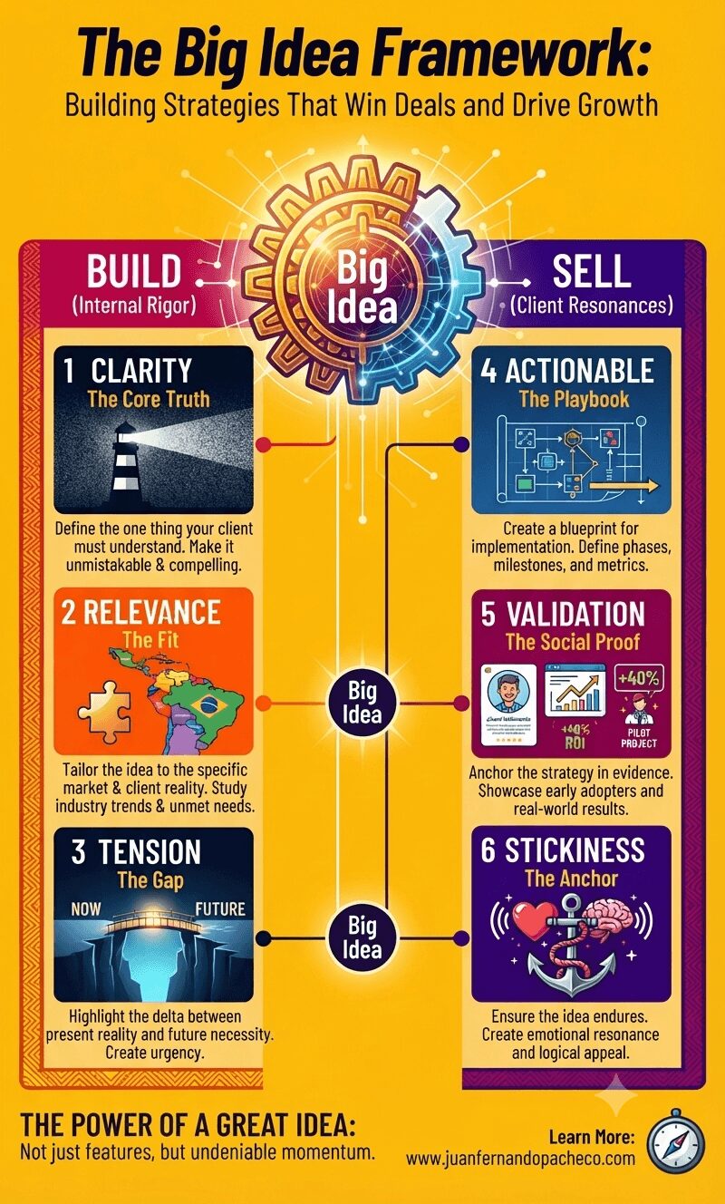 The Big Idea Framework infographic showing a 6-element strategy model divided into BUILD and SELL phases. BUILD phase includes: 1) Clarity-The Core Truth with lighthouse icon, 2) Relevance-The Fit with Latin America map and puzzle piece, 3) Tension-The Gap showing bridge from now to future. SELL phase includes: 4) Actionable-The Playbook with blueprint diagram, 5) Validation-The Social Proof with ROI charts showing +40%, 6) Stickiness-The Anchor with heart and brain icons. Central gear shows Big Idea connecting all elements. Yellow and purple color scheme