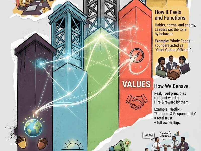 An infographic titled "The Five Pillars Every Winning Strategy Stands On" presented as a series of five colored, illustrative pillars (Purpose, Vision, Mission, Values, Culture) connected by glowing energy lines against a grey, textured background with small vignettes of professionals in LATAM and global markets.