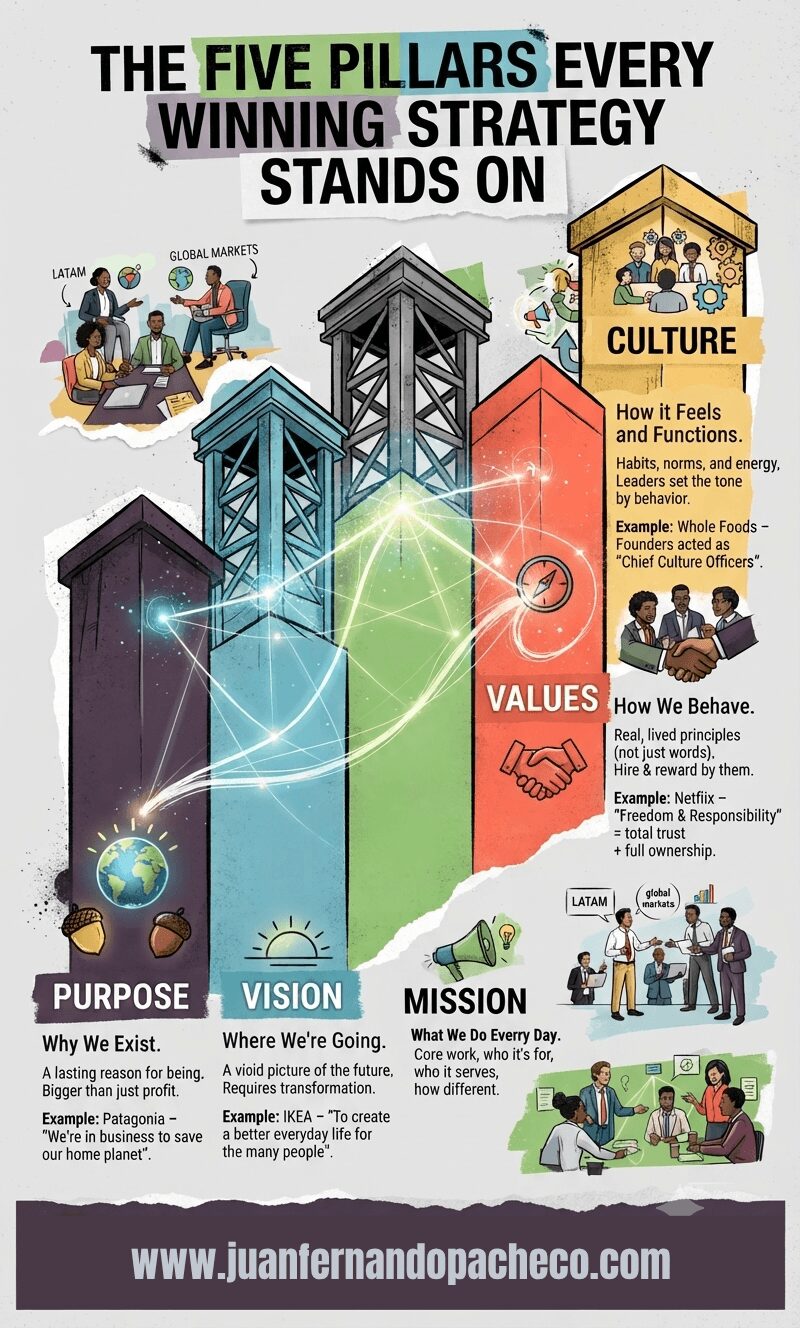 An infographic titled "The Five Pillars Every Winning Strategy Stands On" presented as a series of five colored, illustrative pillars (Purpose, Vision, Mission, Values, Culture) connected by glowing energy lines against a grey, textured background with small vignettes of professionals in LATAM and global markets.