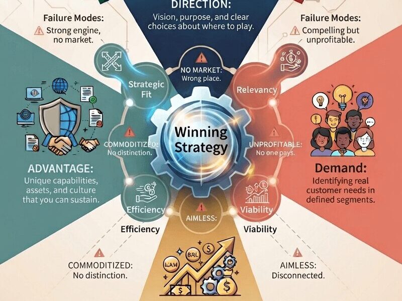 An infographic titled "The four pillars of a winning strategy: a framework for sustainable growth in latin american markets" presented in a circular, interconnected diagram. At the center is a gear labeled "Winning Strategy." Four distinct colored quadrants radiate outwards, labeled "Direction" (top), "Advantage" (left), "Demand" (right), and "Economics" (bottom). Each quadrant has specific sub-labels and icons. The top has flags of Mexico, Brazil, Argentina, Colombia, Chile, Peru, and Ecuador. Around the central gear are smaller nodes labeled "Strategic Fit," "Relevancy," "Viability," and "Efficiency." Failure modes with warning icons are placed between the main quadrants. At the bottom, a four-step application process is listed: 1. Assess Direction, 2. Evaluate Advanage (sic), 3. Validate Demand, 4. Analyze Ecomics (sic). The URL www.juanfernandopacheco.com is at the very bottom.