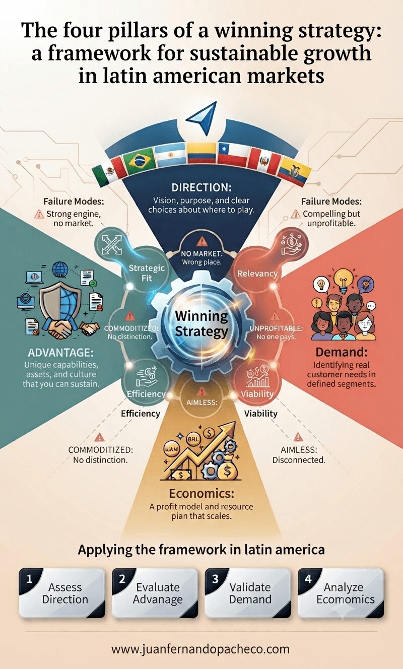 An infographic titled "The four pillars of a winning strategy: a framework for sustainable growth in latin american markets" presented in a circular, interconnected diagram. At the center is a gear labeled "Winning Strategy." Four distinct colored quadrants radiate outwards, labeled "Direction" (top), "Advantage" (left), "Demand" (right), and "Economics" (bottom). Each quadrant has specific sub-labels and icons. The top has flags of Mexico, Brazil, Argentina, Colombia, Chile, Peru, and Ecuador. Around the central gear are smaller nodes labeled "Strategic Fit," "Relevancy," "Viability," and "Efficiency." Failure modes with warning icons are placed between the main quadrants. At the bottom, a four-step application process is listed: 1. Assess Direction, 2. Evaluate Advanage (sic), 3. Validate Demand, 4. Analyze Ecomics (sic). The URL www.juanfernandopacheco.com is at the very bottom.