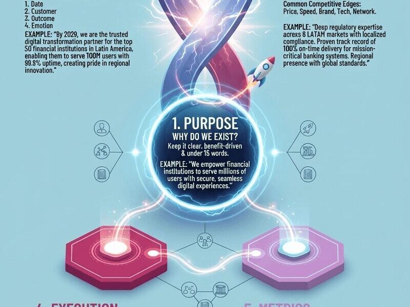 An infographic titled "The One-Page Strategy Map: A Leader's Framework for Clarity and Execution" presented in a vertical layout. The central visual is a blue, glowing orb labeled "1. Purpose," connected by light trails to a large, intertwined double arrow structure above ("2. Vision" and "3. Advantage") and two hexagonal platforms below ("4. Execution" and "5. Metrics"). Each section contains detailed text, checklists, and specific examples related to scaling technology businesses in Latin America. The entire infographic uses a color palette of pink, purple, lavender, and various shades of teal on a light blue background. A footer includes a call to action and the URL "www.juanfernandopacheco.com".