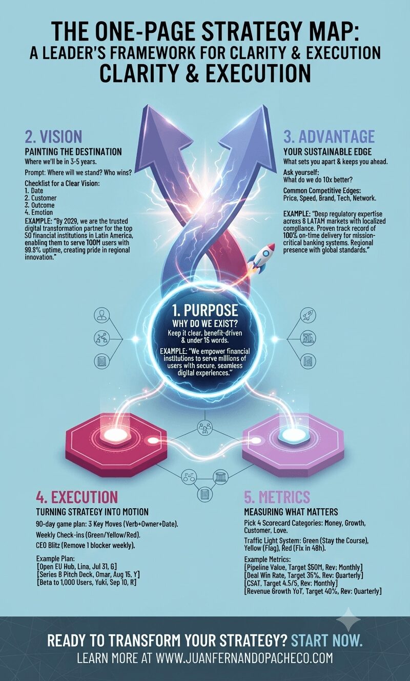 An infographic titled "The One-Page Strategy Map: A Leader's Framework for Clarity and Execution" presented in a vertical layout. The central visual is a blue, glowing orb labeled "1. Purpose," connected by light trails to a large, intertwined double arrow structure above ("2. Vision" and "3. Advantage") and two hexagonal platforms below ("4. Execution" and "5. Metrics"). Each section contains detailed text, checklists, and specific examples related to scaling technology businesses in Latin America. The entire infographic uses a color palette of pink, purple, lavender, and various shades of teal on a light blue background. A footer includes a call to action and the URL "www.juanfernandopacheco.com".