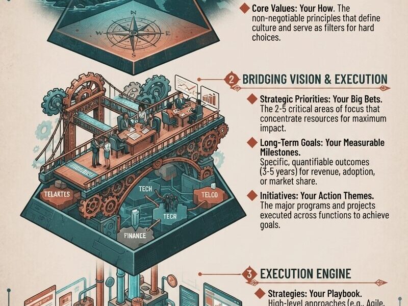 An infographic titled "The Pyramid of Strategy: A Timeless Framework for Product Leaders and Deal Makers," set against a textured beige background with a teal and red color scheme. It is structured as a three-tiered vertical pyramid. The top tier, "Foundation of Purpose," features an isometric illustration of a lighthouse on a rock, beaming light over a globe with network lines connecting Latin American cities and a compass rose, accompanied by definitions for Vision, Mission, and Core Values. The middle tier, "Bridging Vision & Execution," shows a bridge-like structure of gears and data, with teams collaborating at tables and nodes labeled "TELARTAS," "TECH," "FINANCE," and "TELCO," detailing Strategic Priorities, Long-term Goals, and Initiatives. The bottom tier, "Execution Engine," depicts a complex, interconnected factory machine with separate areas for a "Sales Team" and "Product Team," defining Strategies, Tactics, and Action Plans. The URL "www.juanfernandopacheco.com" is in the footer.