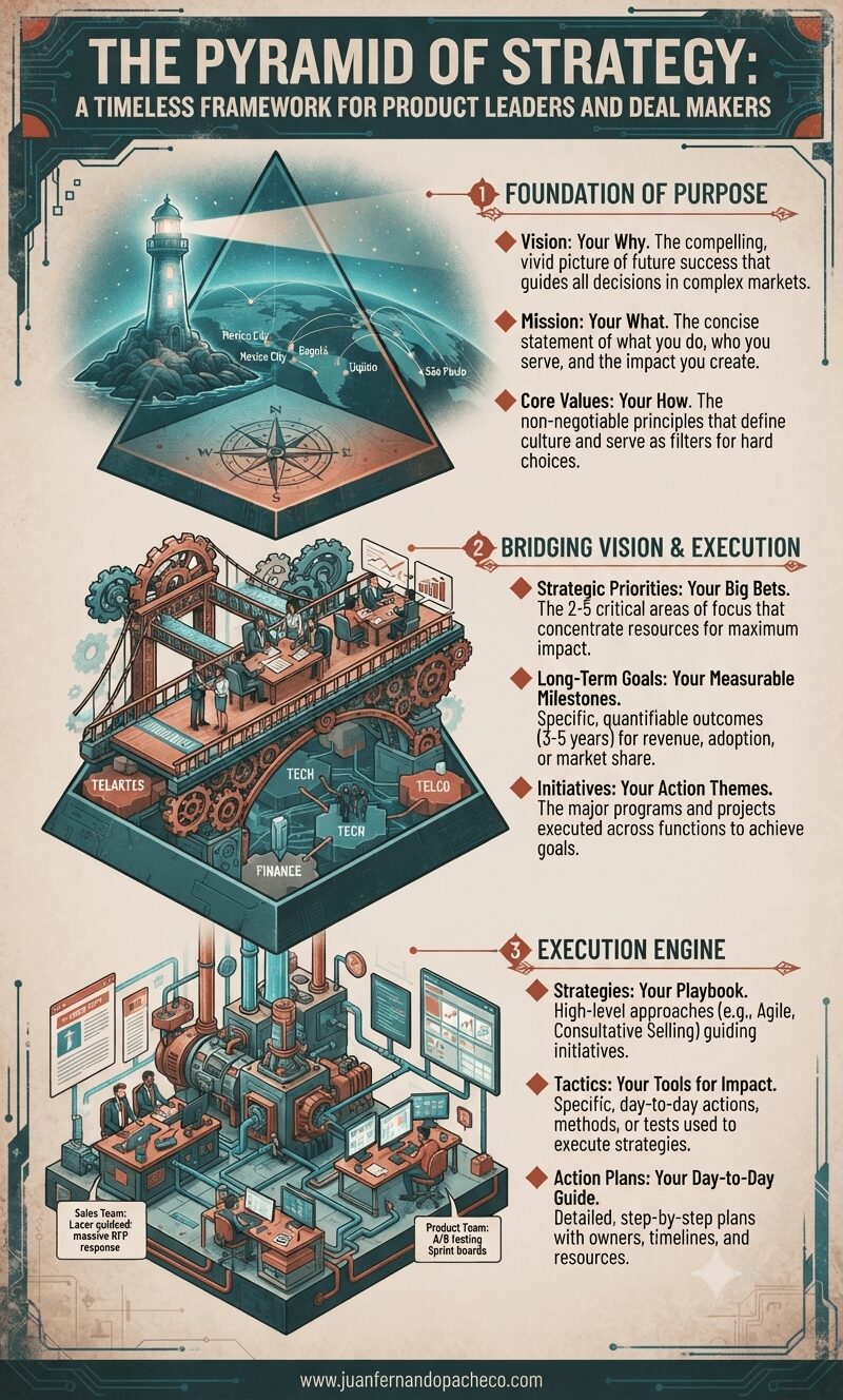 An infographic titled "The Pyramid of Strategy: A Timeless Framework for Product Leaders and Deal Makers," set against a textured beige background with a teal and red color scheme. It is structured as a three-tiered vertical pyramid. The top tier, "Foundation of Purpose," features an isometric illustration of a lighthouse on a rock, beaming light over a globe with network lines connecting Latin American cities and a compass rose, accompanied by definitions for Vision, Mission, and Core Values. The middle tier, "Bridging Vision & Execution," shows a bridge-like structure of gears and data, with teams collaborating at tables and nodes labeled "TELARTAS," "TECH," "FINANCE," and "TELCO," detailing Strategic Priorities, Long-term Goals, and Initiatives. The bottom tier, "Execution Engine," depicts a complex, interconnected factory machine with separate areas for a "Sales Team" and "Product Team," defining Strategies, Tactics, and Action Plans. The URL "www.juanfernandopacheco.com" is in the footer.