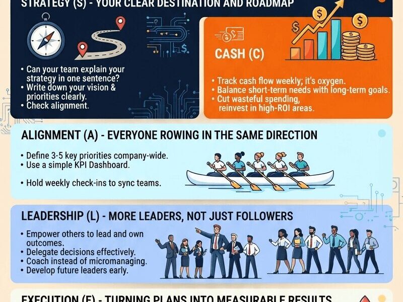 An infographic titled "The SCALE Framework: Bridging the Gap Between Strategy & Execution" featuring five pillars: Strategy, Cash, Alignment, Leadership, and Execution, with a URL at the bottom: www.juanfernandopacheco.com.