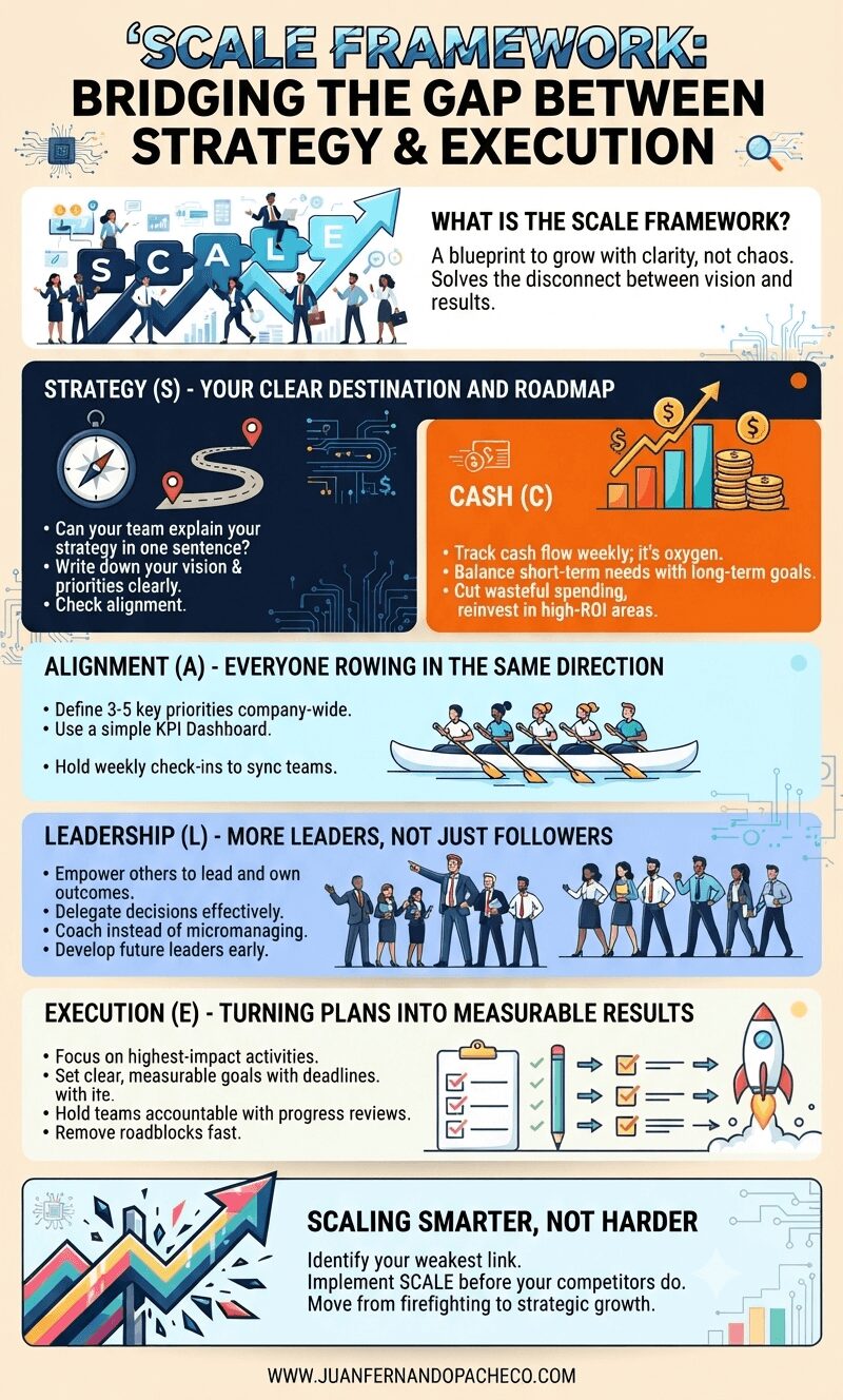 An infographic titled "The SCALE Framework: Bridging the Gap Between Strategy & Execution" featuring five pillars: Strategy, Cash, Alignment, Leadership, and Execution, with a URL at the bottom: www.juanfernandopacheco.com.