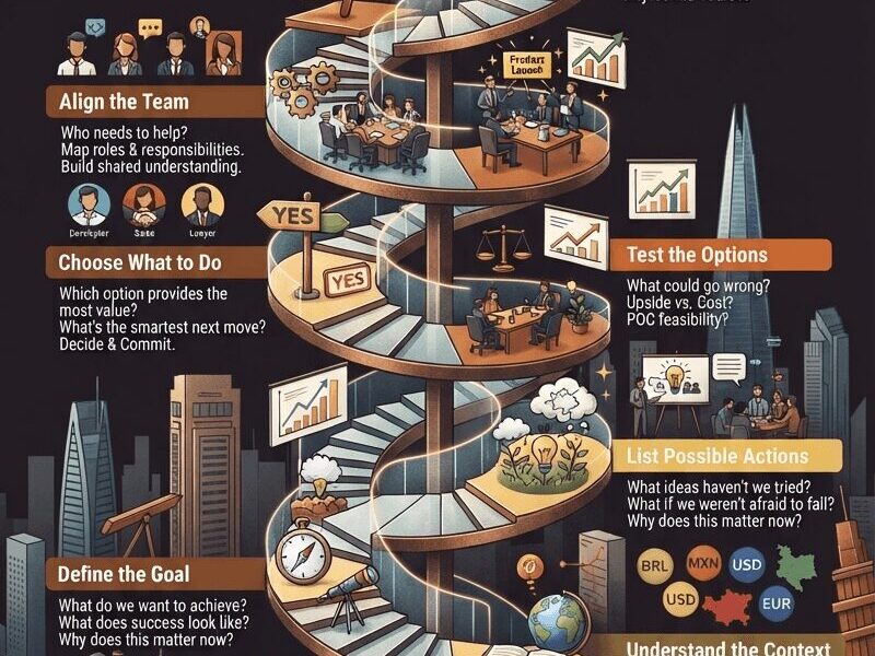 A complex, vertical infographic spiral staircase illustrating an eight-step strategic thinking framework. Starting from the base, platforms for 'Identify the Problem,' 'Understand the Context,' 'Define the Goal,' 'List Possible Actions,' 'Test the Options,' 'Choose What to Do,' 'Align the Team,' and 'Take Action and Learn' are arranged cyclically upwards. Each platform features icons, key questions, and small scenes of professionals in a business setting across LATAM and global markets. The top culminates in a glowing 'Strategic Summit' lightbulb. The entire image uses a deep charcoal, bronze, terracotta, gold, and cream color palette against a stylized cityscape. The URL 'www.juanfernandopacheco.com' is at the bottom.