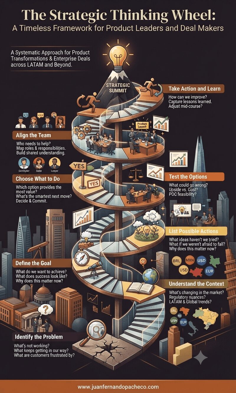 A complex, vertical infographic spiral staircase illustrating an eight-step strategic thinking framework. Starting from the base, platforms for 'Identify the Problem,' 'Understand the Context,' 'Define the Goal,' 'List Possible Actions,' 'Test the Options,' 'Choose What to Do,' 'Align the Team,' and 'Take Action and Learn' are arranged cyclically upwards. Each platform features icons, key questions, and small scenes of professionals in a business setting across LATAM and global markets. The top culminates in a glowing 'Strategic Summit' lightbulb. The entire image uses a deep charcoal, bronze, terracotta, gold, and cream color palette against a stylized cityscape. The URL 'www.juanfernandopacheco.com' is at the bottom.
