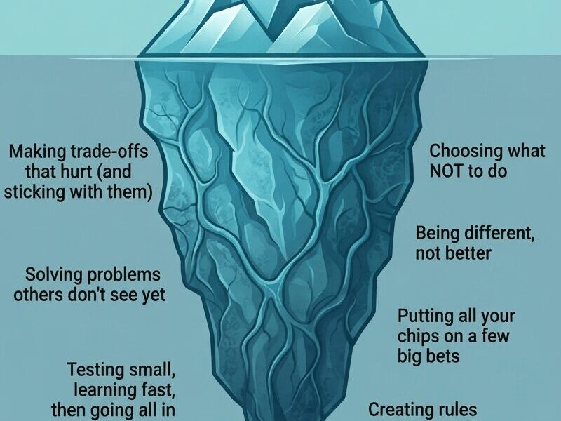 An infographic titled "THE STRATEGY ICEBERG: What lies beneath determines your success." showing an iceberg with 10% visible above the water and 90% submerged. Text labels around the tip list visible strategy elements like "Beating the competition," while submerged labels detail core principles like "Choosing what NOT to do" and "Being different, not better." A footer at the bottom includes an icon and text about LATAM market experience and the website www.juanfernandopacheco.com.