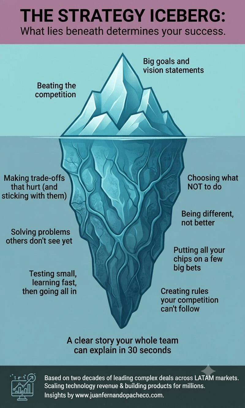 An infographic titled "THE STRATEGY ICEBERG: What lies beneath determines your success." showing an iceberg with 10% visible above the water and 90% submerged. Text labels around the tip list visible strategy elements like "Beating the competition," while submerged labels detail core principles like "Choosing what NOT to do" and "Being different, not better." A footer at the bottom includes an icon and text about LATAM market experience and the website www.juanfernandopacheco.com.