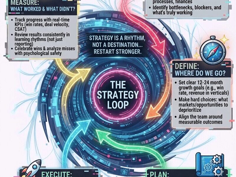 A comprehensive infographic titled "THE STRATEGY LOOP: A REPEATABLE SYSTEM FOR SUSTAINABLE GROWTH IN TECHNOLOGY MARKETS," featuring a central, pulsing digital vortex with a circular arrow flow. Five distinct, illuminated call-out boxes with corresponding icons and detailed bullet points surround the vortex, labeled clockwise: "ASSESS: WHERE ARE WE NOW?" (top-right), "DEFINE: WHERE DO WE GO?" (mid-right), "PLAN: HOW DO WE GET THERE?" (bottom-right), "EXECUTE: TAKE FOCUSED ACTION!" (bottom-left), and "MEASURE: WHAT WORKED & WHAT DIDN'T?" (top-left). Text at the center reads: "STRATEGY IS A RHYTHM, NOT A DESTINATION. REASSESS, REFOCUS, RESTART STRONGER." The entire design uses a high-tech, blue and pink color scheme with glowing data lines. A footer banner reads: "SCALING TECHNOLOGY IN LATAM & BEYOND" with the URL "www.juanfernandopacheco.com".