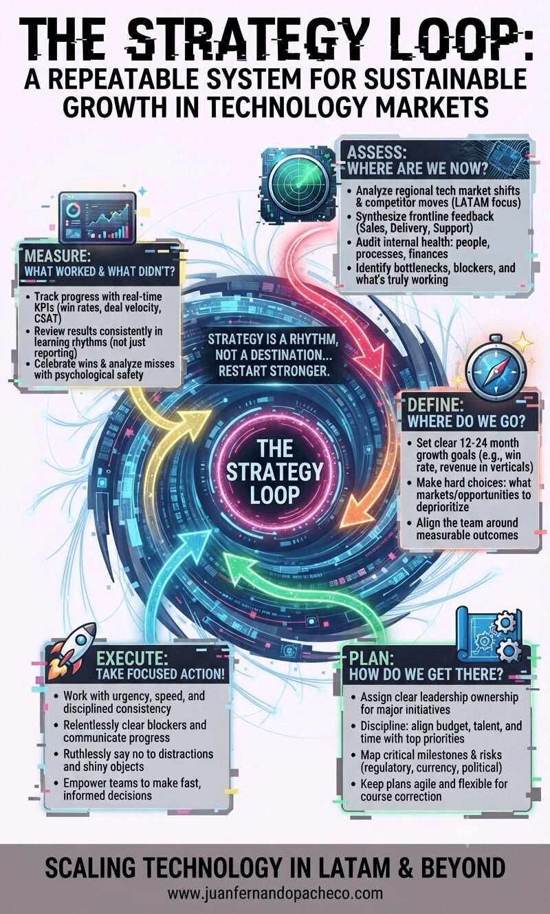 A comprehensive infographic titled "THE STRATEGY LOOP: A REPEATABLE SYSTEM FOR SUSTAINABLE GROWTH IN TECHNOLOGY MARKETS," featuring a central, pulsing digital vortex with a circular arrow flow. Five distinct, illuminated call-out boxes with corresponding icons and detailed bullet points surround the vortex, labeled clockwise: "ASSESS: WHERE ARE WE NOW?" (top-right), "DEFINE: WHERE DO WE GO?" (mid-right), "PLAN: HOW DO WE GET THERE?" (bottom-right), "EXECUTE: TAKE FOCUSED ACTION!" (bottom-left), and "MEASURE: WHAT WORKED & WHAT DIDN'T?" (top-left). Text at the center reads: "STRATEGY IS A RHYTHM, NOT A DESTINATION. REASSESS, REFOCUS, RESTART STRONGER." The entire design uses a high-tech, blue and pink color scheme with glowing data lines. A footer banner reads: "SCALING TECHNOLOGY IN LATAM & BEYOND" with the URL "www.juanfernandopacheco.com".