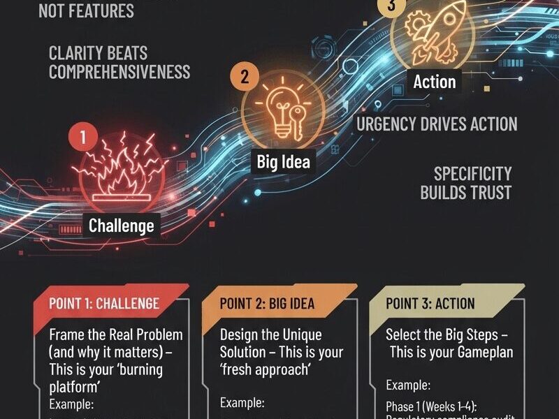 The Strategy Story Arc infographic showing a three-step framework: Challenge (burning platform icon), Big Idea (lightbulb icon), and Action (rocket icon), with key principles including "People buy stories, not features" and "Clarity beats comprehensiveness." Each step includes detailed examples for LATAM and global markets strategic communication.