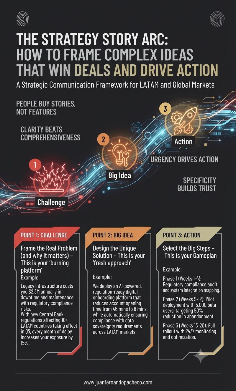 The Strategy Story Arc infographic showing a three-step framework: Challenge (burning platform icon), Big Idea (lightbulb icon), and Action (rocket icon), with key principles including "People buy stories, not features" and "Clarity beats comprehensiveness." Each step includes detailed examples for LATAM and global markets strategic communication.