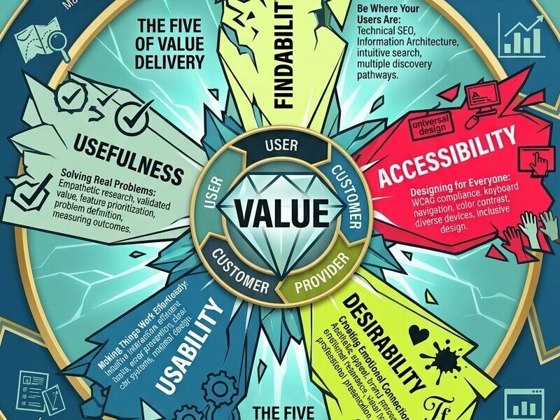 An infographic designed for the post "Strategy Made Simple: The Why-What-How Framework for Winning Strategies," presented in a vertical, 1,200 x 2,000 pixel format. The infographic utilizes a high-contrast color palette of teal, blue, yellow-green, red, and black, against a teal (#70C1B3) background. The central element is a large, fractured-style wheel labeled 'VALUE' at the very core, with text segments 'User, Customer, Provider' connecting to it. Radiating from this center are five angular, crystalline spokes representing the 'Five Pillars': Findability, Accessibility, Desirability, Usability, and Usefulness, each containing brief descriptive text. Surrounding this central wheel is a multi-layered, shattered ring with jagged edges, segmented into the 'Four Phases' of the framework, labeled in clockwise order: 'STRATEGIC PHASE: Laying the Foundation', 'CONCEPTUAL PHASE: Giving Form to Ideas', 'DEVELOPMENT PHASE: Building with Intention', and 'PRODUCTION PHASE: Launching & Learning'. Each segment includes 3-4 bullet points from the text description, linked by stylized energy lines. The overall style is modern and digital, with glowing effects, dynamic typography, and a powerful, almost explosive composition that visualizes interconnected strategy. The main post title, "STRATEGY MADE SIMPLE," is at the top in large, bold letters, and the framework title, "THE WHY-WHAT-HOW FRAMEWORK FOR WINNING STRATEGIES," is below it. The bottom of the image shows a call to action: "EMBRACE THE VALUE-CENTERED APPROACH. CREATE MEANINGFUL DIGITAL EXPERIENCES."