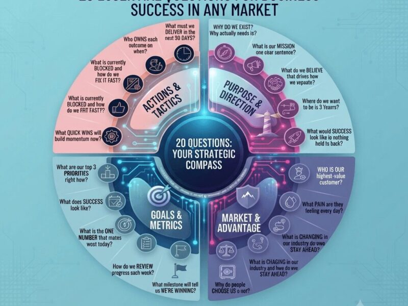 An infographic titled "THE WHEEL OF STRATEGY: 20 ESSENTIAL QUESTIONS FOR BUSINESS SUCCESS IN ANY MARKET" with a central hub reading "20 QUESTIONS: YOUR STRATEGIC COMPASS" and four quadrants: Purpose & Direction (light blue), Market & Advantage (darker blue), Goals & Metrics (greenish-blue), and Actions & Tactics (pinkish-purple). Each quadrant contains five specific strategic questions with corresponding icons. At the bottom, the URL "WWW.JUANFERNANDOPACHECO.COM" is displayed with the tagline "Insights from 20+ years of scaling technology revenue across LATAM markets."