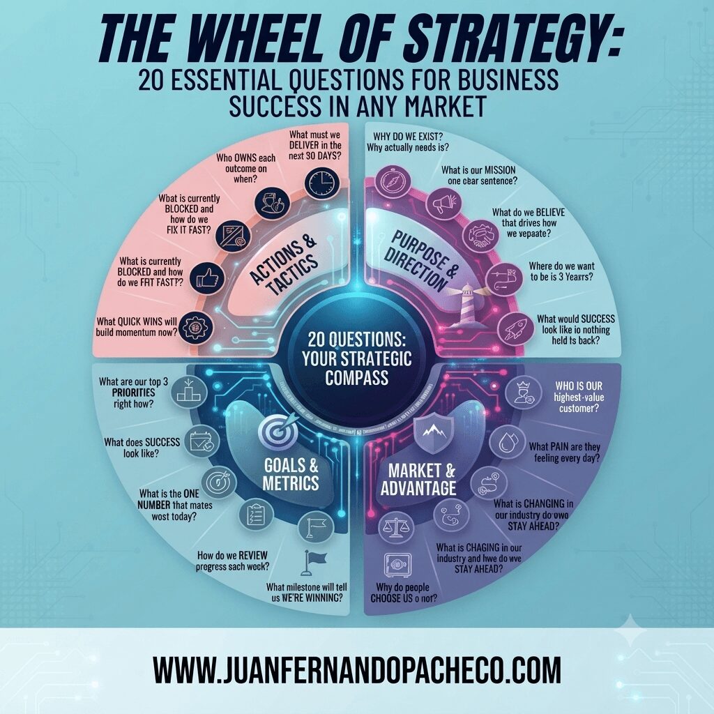 An infographic titled "THE WHEEL OF STRATEGY: 20 ESSENTIAL QUESTIONS FOR BUSINESS SUCCESS IN ANY MARKET" with a central hub reading "20 QUESTIONS: YOUR STRATEGIC COMPASS" and four quadrants: Purpose & Direction (light blue), Market & Advantage (darker blue), Goals & Metrics (greenish-blue), and Actions & Tactics (pinkish-purple). Each quadrant contains five specific strategic questions with corresponding icons. At the bottom, the URL "WWW.JUANFERNANDOPACHECO.COM" is displayed with the tagline "Insights from 20+ years of scaling technology revenue across LATAM markets."