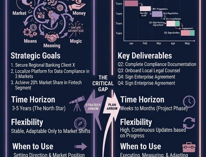 A detailed infographic titled "¿Why a plan is not a strategy? Lessons from Leading Tech Deals Across Latin America" contrasting Strategy and Planning. The left "Strategy" column includes a 5M framework diagram (Market, Means, Money, Meaning, Magic), goals, time horizon, flexibility, and best practices. The right "Plan" column includes a Gantt chart, deliverables, time horizon, flexibility, and best practices. A central "Critical Gap" section warns against confusion, and the footer displays "www.juanfernandopacheco.com".
