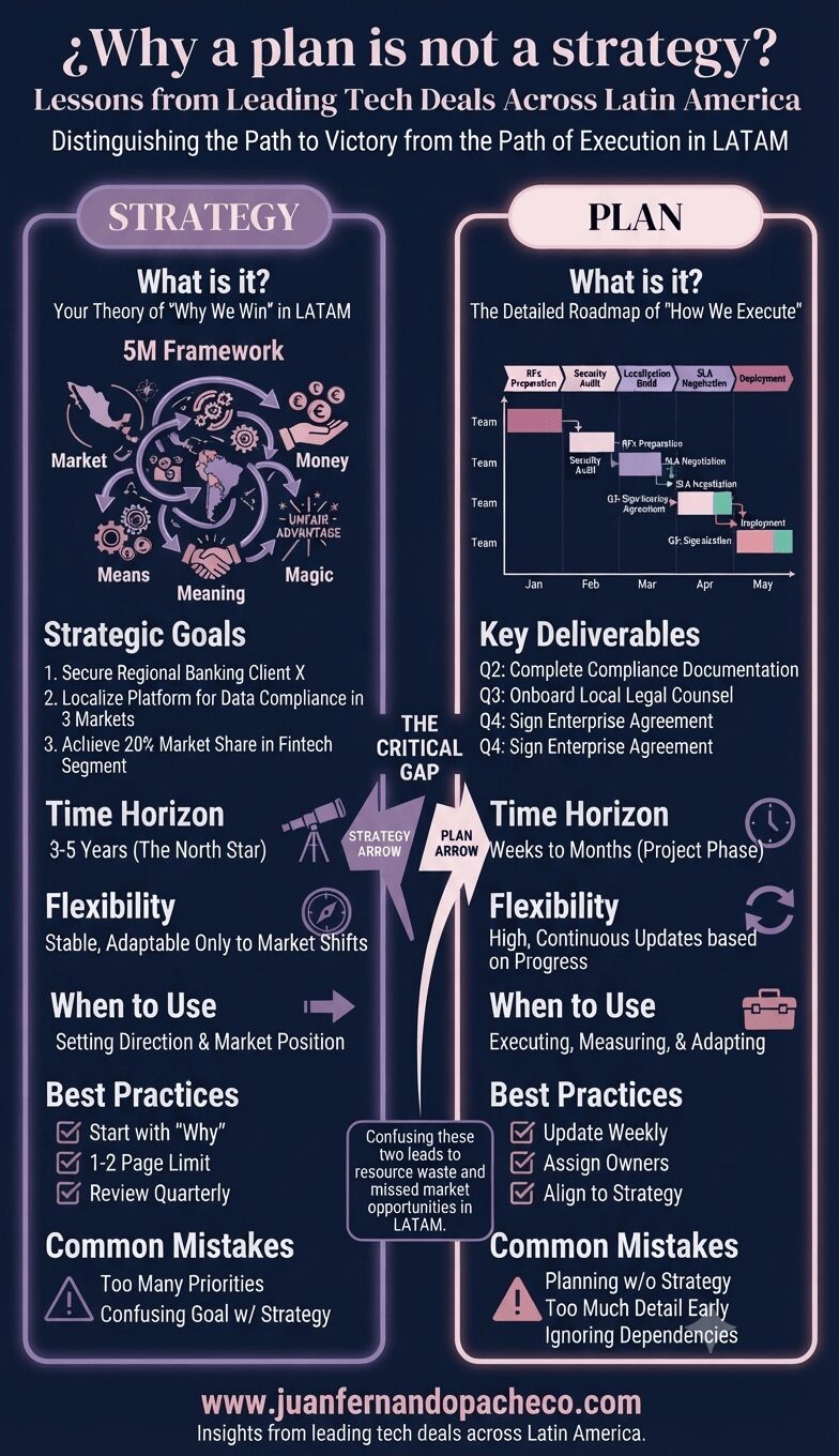 A detailed infographic titled "¿Why a plan is not a strategy? Lessons from Leading Tech Deals Across Latin America" contrasting Strategy and Planning. The left "Strategy" column includes a 5M framework diagram (Market, Means, Money, Meaning, Magic), goals, time horizon, flexibility, and best practices. The right "Plan" column includes a Gantt chart, deliverables, time horizon, flexibility, and best practices. A central "Critical Gap" section warns against confusion, and the footer displays "www.juanfernandopacheco.com".