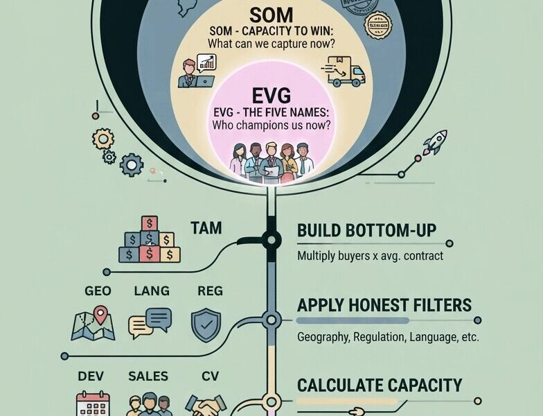 An infographic illustrating a four-layer concentric circle model for market sizing, from the widest Total Addressable Market (TAM) to the specific Early Evangelists (EVG). The diagram is followed by a three-step estimation process (Build Bottom-Up, Apply Honest Filters, Calculate Capacity) and key strategic takeaways, all framed in a professional, tech-oriented design with rocket icons and the URL www.juanfernandopacheco.com.