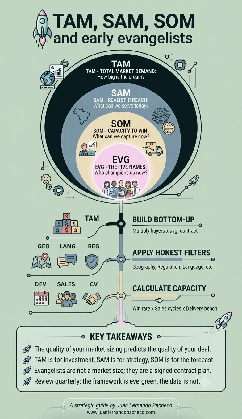 An infographic illustrating a four-layer concentric circle model for market sizing, from the widest Total Addressable Market (TAM) to the specific Early Evangelists (EVG). The diagram is followed by a three-step estimation process (Build Bottom-Up, Apply Honest Filters, Calculate Capacity) and key strategic takeaways, all framed in a professional, tech-oriented design with rocket icons and the URL www.juanfernandopacheco.com.