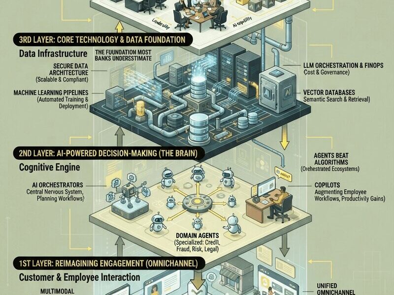 An illustrative, detailed infographic titled "Banking Success in the AI Era" presenting a four-layer framework for scaling artificial intelligence in financial institutions. The layers are stacked vertically as an architectural blueprint, with pipes and data streams flowing between them. From top to bottom: the 4th Layer: Operating Model & Cultural Transformation; 3rd Layer: Core Technology & Data Foundation; 2nd Layer: AI-Powered Decision-Making (The Brain); and 1st Layer: Reimagining Engagement (Omnichannel). Detailed components like AI control towers, cross-functional teams, vector databases, LLM orchestration, and AI agents are visualized within each layer. The overall tone is professional and high-tech, using a palette of muted greens, yellows, and charcoal, with a concluding imperative for "full-stack coordination" and a footer for "www.juanfernandopacheco.com."