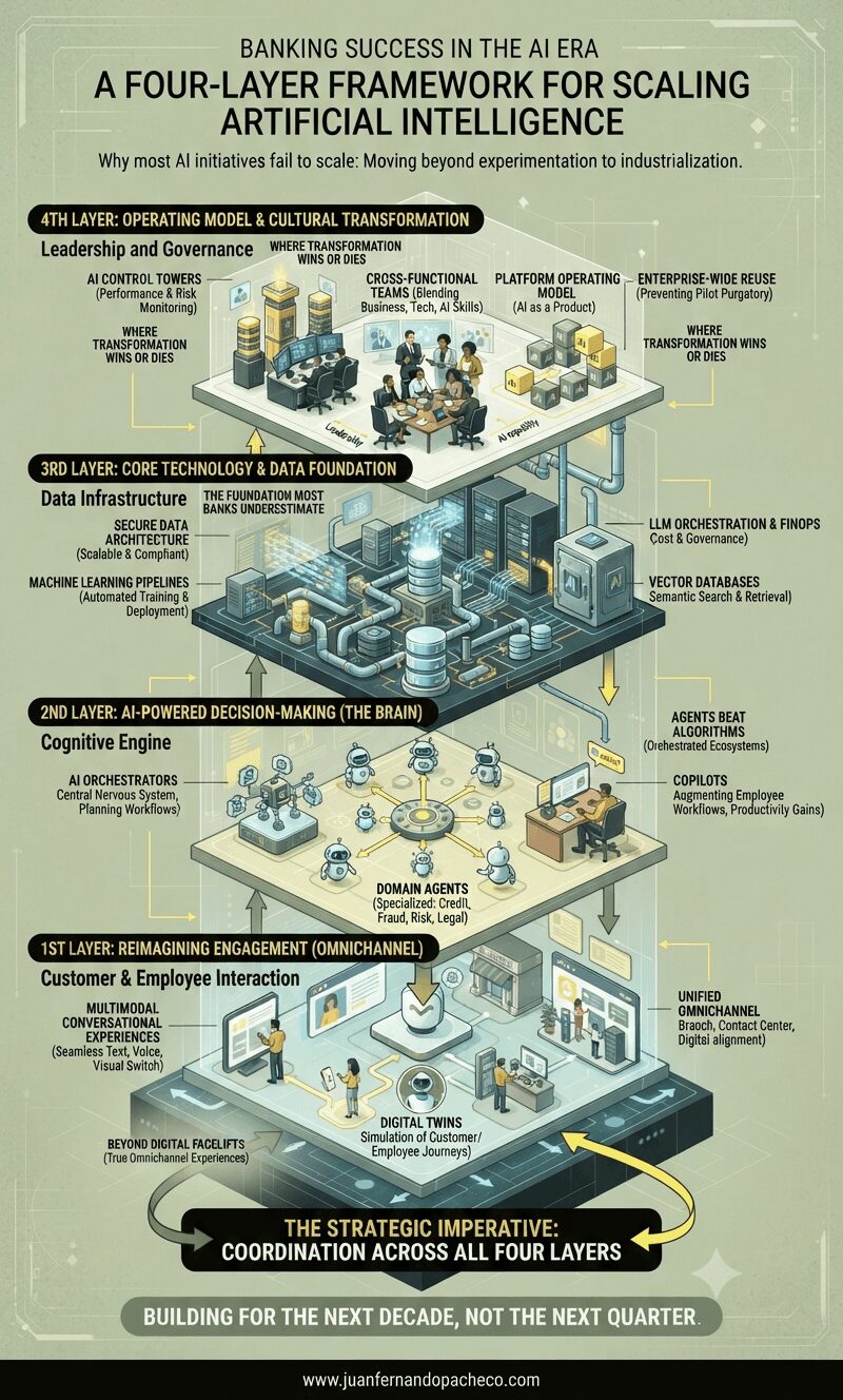 An illustrative, detailed infographic titled "Banking Success in the AI Era" presenting a four-layer framework for scaling artificial intelligence in financial institutions. The layers are stacked vertically as an architectural blueprint, with pipes and data streams flowing between them. From top to bottom: the 4th Layer: Operating Model & Cultural Transformation; 3rd Layer: Core Technology & Data Foundation; 2nd Layer: AI-Powered Decision-Making (The Brain); and 1st Layer: Reimagining Engagement (Omnichannel). Detailed components like AI control towers, cross-functional teams, vector databases, LLM orchestration, and AI agents are visualized within each layer. The overall tone is professional and high-tech, using a palette of muted greens, yellows, and charcoal, with a concluding imperative for "full-stack coordination" and a footer for "www.juanfernandopacheco.com."