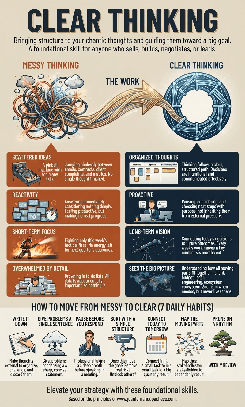 An infographic titled "Clear Thinking" illustrating a transformation from a chaotic tangle of orange wires on the left, representing "Messy Thinking," to a structured blue geometric circle on the right, representing "Clear Thinking." A golden arrow labeled "The Work" connects the two. Below the main illustration, four bullet points detail the characteristics of "Messy Thinking" (Scattered Ideas, Reactivity, Short-Term Focus, Overwhelmed by Detail) contrasted with four for "Clear Thinking" (Organized Thoughts, Proactive, Long-Term Vision, Sees the Big Picture). The bottom section outlines seven steps under the heading "How to Move from Messy to Clear (7 Daily Habits)," featuring icons and brief descriptions for practices like writing things down, giving problems a single sentence, and pausing before responding. The very bottom includes the text "Elevate your strategy with these foundational skills" and the URL "Based on the principles of www.juanfernandopacheco.com".