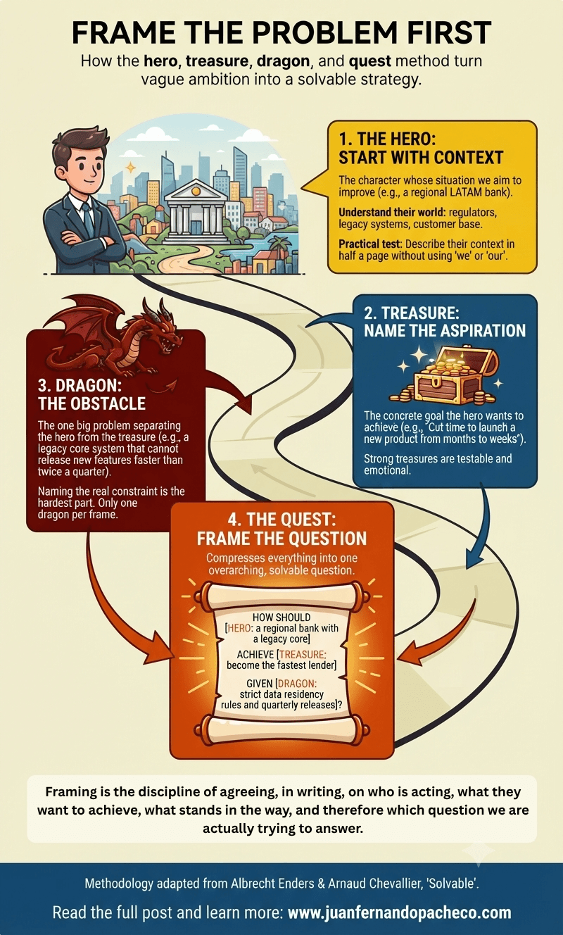 An infographic illustrating the "Frame the Problem First" strategy method, structured as a four-part narrative quest: 1. The Hero (Context, e.g., a regional bank), 2. The Treasure (Aspiration, e.g., faster lending), 3. The Dragon (Obstacle, e.g., legacy system constraints), and 4. The Quest (Framing the solvable question). The background is light cream, with red, blue, orange, and yellow color-coded sections and text referencing www.juanfernandopacheco.com.