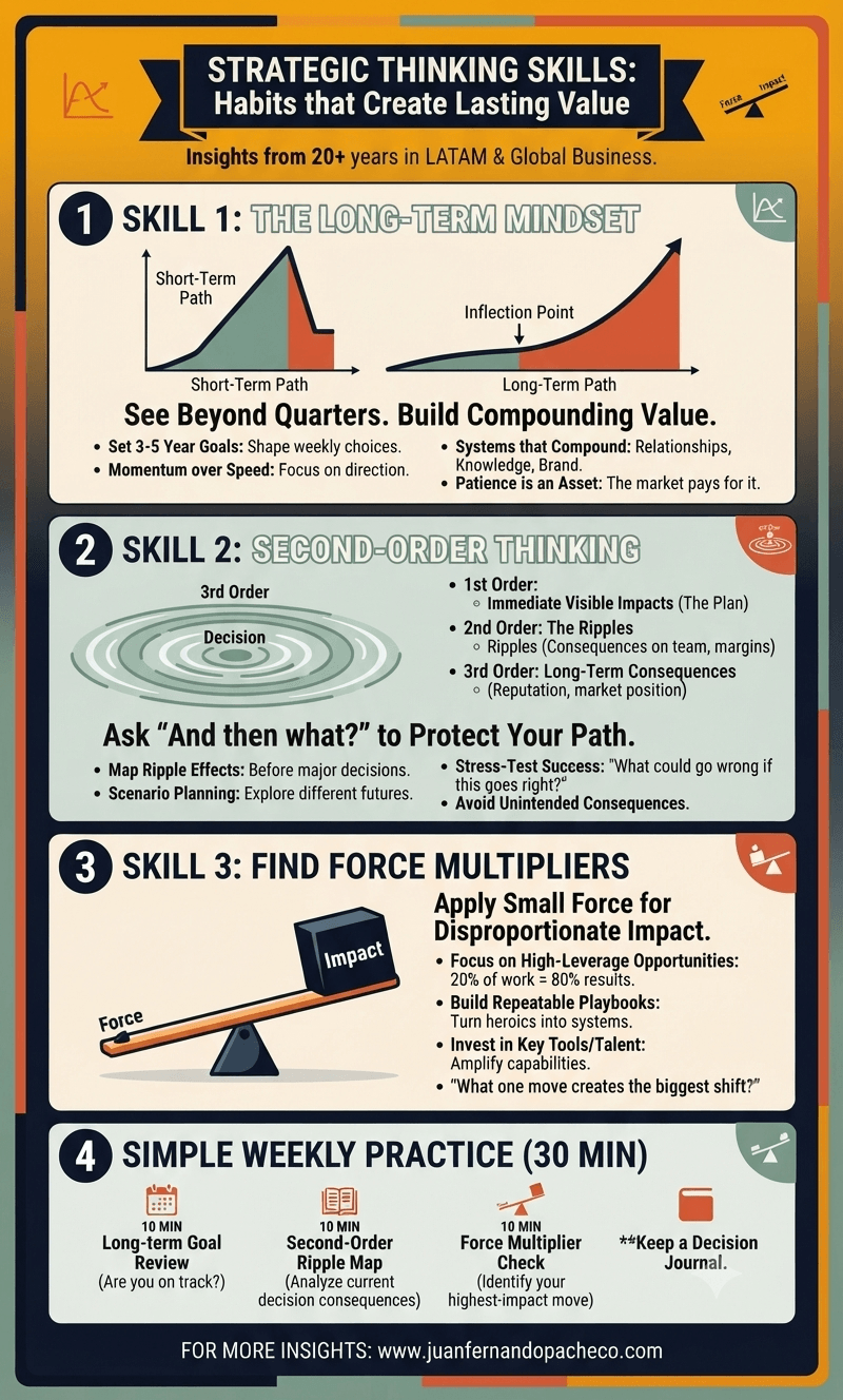 An infographic titled "Strategic Thinking Skills" with a warm and cool color palette. It is divided into four numbered sections: "1. The Long-Term Mindset" (with a graph comparing short-term and long-term curves), "2. Second-Order Thinking" (with concentric ripple diagrams), "3. Find Force Multipliers" (with a lever illustration), and "4. Simple Weekly Practice (30 min)" (a checklist for implementing the skills). The footer includes the website "www.juanfernandopacheco.com."