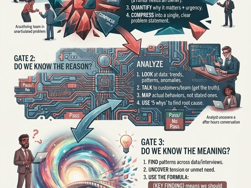 A vertical infographic titled 'SYNTHESIS: FINDING DEEPER MEANING BEFORE YOU SOLVE.' It visually maps a three-gate problem-solving journey. Gate 1, 'DO WE KNOW THE PROBLEM?', shows a team with a broken lock and a list of steps. Gate 2, 'DO WE KNOW THE REASON?', features a complex circuit board and data analysis scenes. Gate 3, 'DO WE KNOW THE MEANING?', uses a swirling vortex with a bridge and lightbulb to connect findings to action. The final section, 'SOLVE: INSIGHT-LED PROPOSAL', depicts a happy client. The background is cream, and the style is modern illustration with a professional LATAM/global feel. The footer references www.juanfernandopacheco.com.
