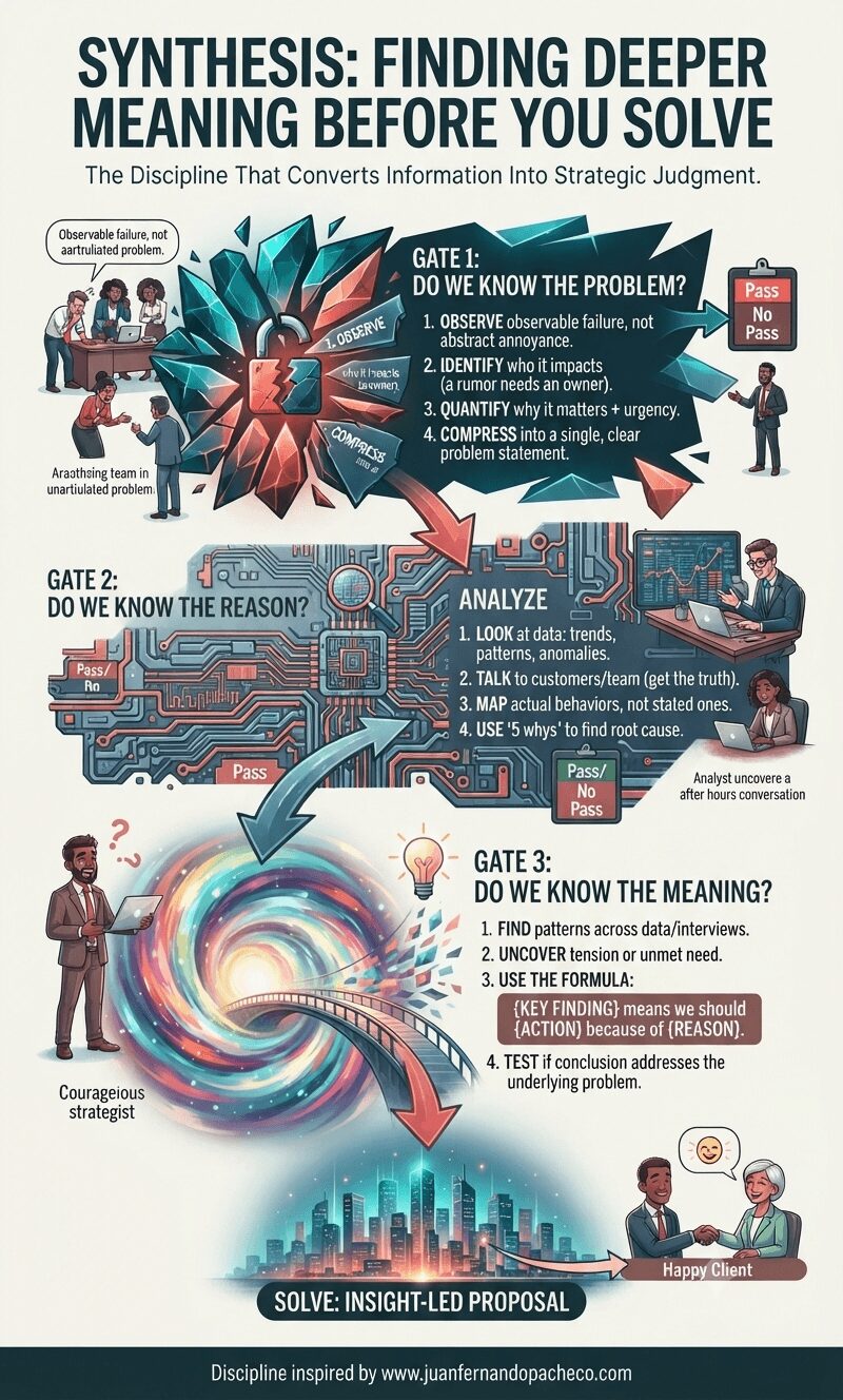 A vertical infographic titled 'SYNTHESIS: FINDING DEEPER MEANING BEFORE YOU SOLVE.' It visually maps a three-gate problem-solving journey. Gate 1, 'DO WE KNOW THE PROBLEM?', shows a team with a broken lock and a list of steps. Gate 2, 'DO WE KNOW THE REASON?', features a complex circuit board and data analysis scenes. Gate 3, 'DO WE KNOW THE MEANING?', uses a swirling vortex with a bridge and lightbulb to connect findings to action. The final section, 'SOLVE: INSIGHT-LED PROPOSAL', depicts a happy client. The background is cream, and the style is modern illustration with a professional LATAM/global feel. The footer references www.juanfernandopacheco.com.