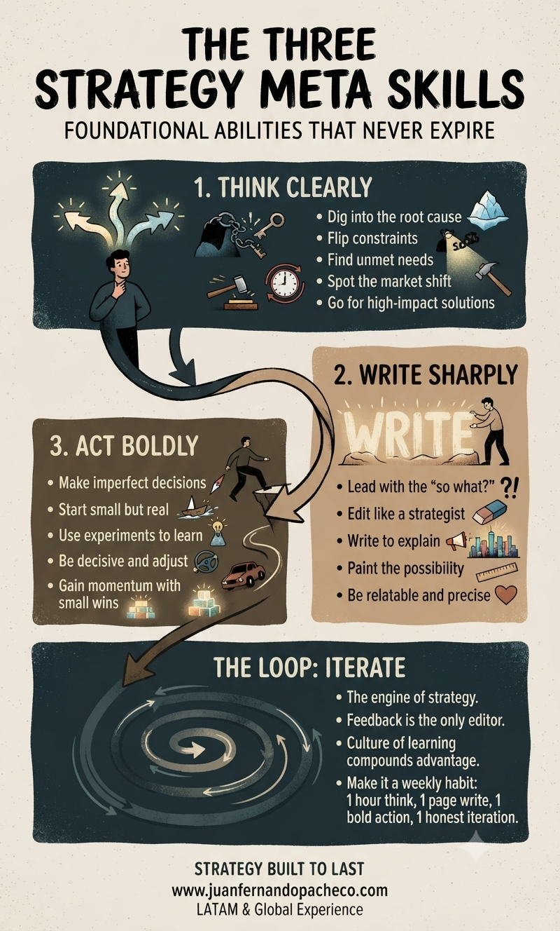 An infographic titled 'THE THREE STRATEGY META SKILLS: FOUNDATIONAL ABILITIES THAT NEVER EXPIRE' illustrated in an earthy, hand-drawn style. The image displays a cyclical flow, beginning with a panel for '1. THINK CLEARLY' showing a person with branching thought paths and icons for root cause and market shifts. An arrow connects to '2. WRITE SHARPLY,' where a person sculpts the word 'WRITE' with icons for precision and persuasion. A final arrow leads to '3. ACT BOLDLY,' depicting a person taking an imperfect step with icons for experimentation and small wins. The cycle concludes with a 'THE LOOP: ITERATE' spiral, summarizing the weekly habit and compounding advantage. The footer includes the text 'www.juanfernandopacheco.com' and 'LATAM & Global Experience.'