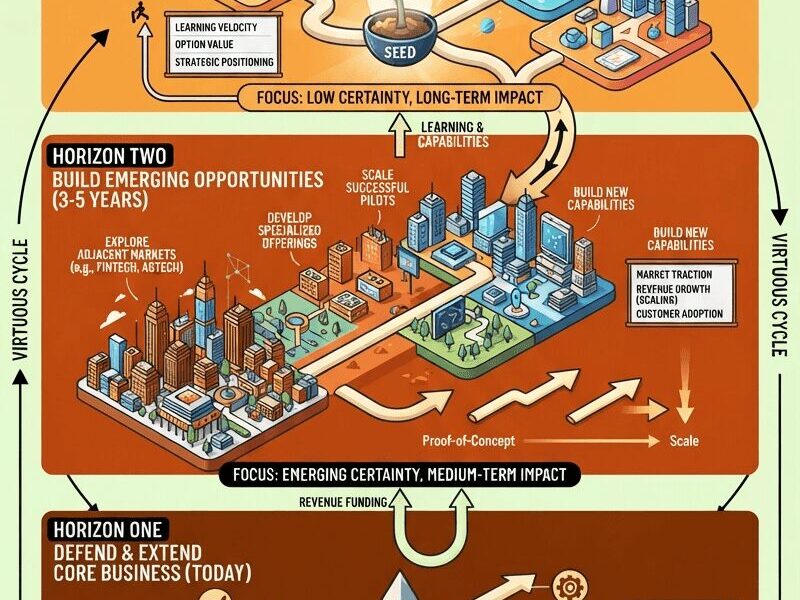 An infographic visualizing McKinsey’s Three Horizons Model for sustainable business growth, divided into three vertically stacked sections: Horizon One (Defend & Extend Core Business, Today), Horizon Two (Build Emerging Opportunities, 3-5 Years), and Horizon Three (Create Future Options, 5+ Years). The graphic illustrates the flow of resources, learning, and capabilities between these stages within a virtuous cycle, using isometric cityscapes and connecting arrows against a light green background, branded with "www.juanfernandopacheco.com" at the bottom.