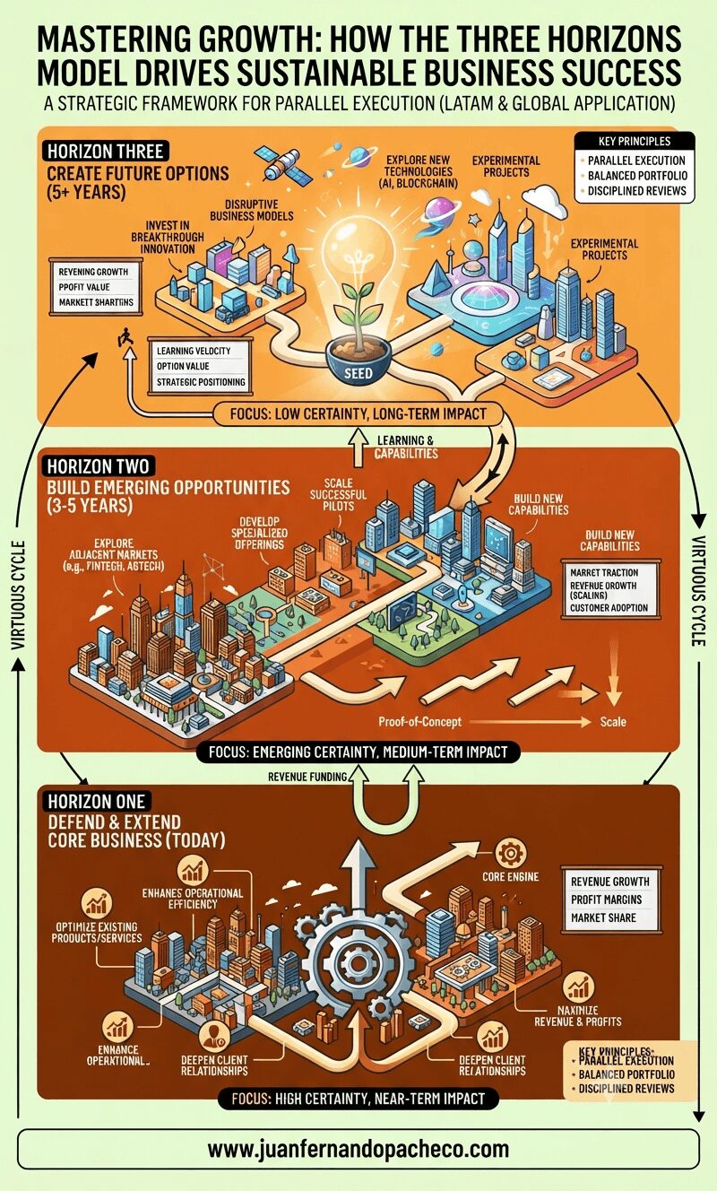 An infographic visualizing McKinsey’s Three Horizons Model for sustainable business growth, divided into three vertically stacked sections: Horizon One (Defend & Extend Core Business, Today), Horizon Two (Build Emerging Opportunities, 3-5 Years), and Horizon Three (Create Future Options, 5+ Years). The graphic illustrates the flow of resources, learning, and capabilities between these stages within a virtuous cycle, using isometric cityscapes and connecting arrows against a light green background, branded with "www.juanfernandopacheco.com" at the bottom.