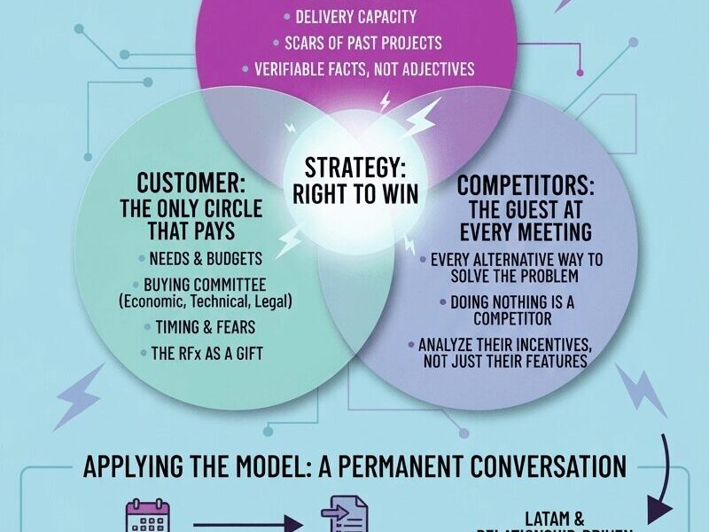 An infographic illustrating Ohmae's 3Cs framework. A central venn diagram shows Company, Customer, and Competitors overlapping to form 'Strategy: Right to Win'. Below this, a flowchart shows the model's application in deal reviews, pipeline meetings, and proposal shaping, with a specific focus on LATAM relationship-driven markets.