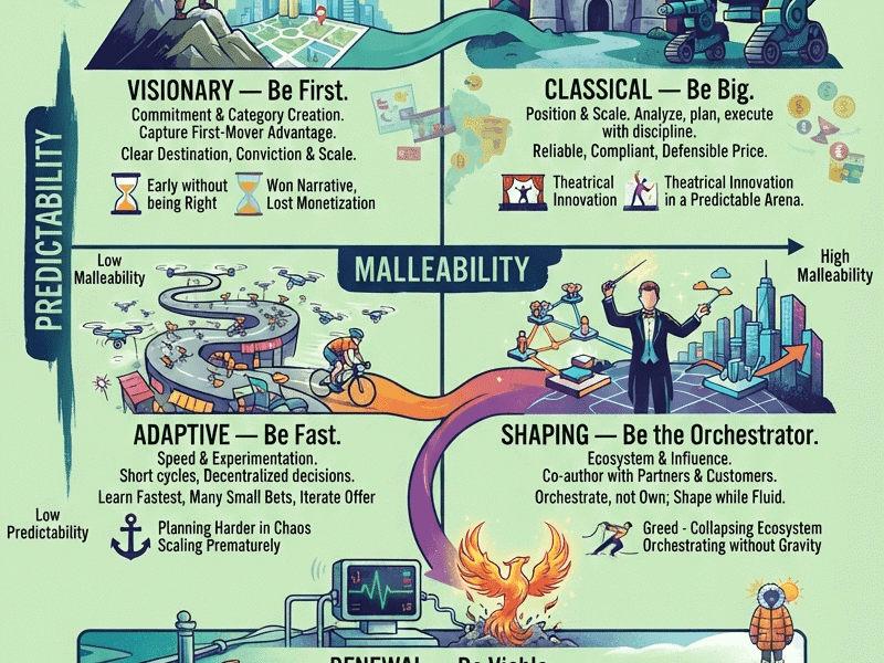 An infographic illustrating a strategic framework using a 3D quadrant chart and icons. It maps strategy types—Visionary, Classical, Adaptive, Shaping, and Renewal—against the environmental factors of Predictability, Malleability, and Harshness, with specific examples for Latin American and global markets.