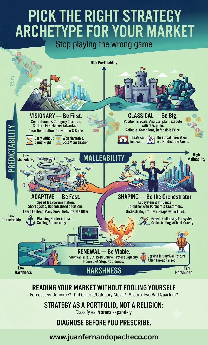 An infographic illustrating a strategic framework using a 3D quadrant chart and icons. It maps strategy types—Visionary, Classical, Adaptive, Shaping, and Renewal—against the environmental factors of Predictability, Malleability, and Harshness, with specific examples for Latin American and global markets.