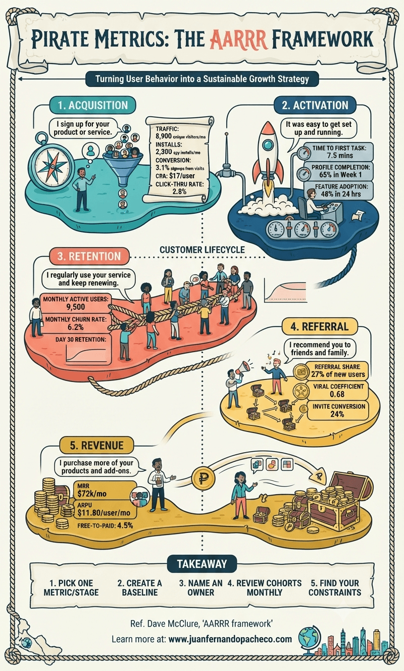 A detailed infographic illustrating the AARRR framework, or 'Pirate Metrics', using a creative, hand-drawn pirate map theme. It features five distinct, numbered islands representing the stages: Acquisition (compass and funnel), Activation (rocket launch), Retention (strengthened rope and community), Referral (treasure map), and Revenue (treasure chests and coins). Each island contains the specific customer sentence (e.g., 'I sign up'), key illustrative metrics provided in the prompt, and relevant visual metaphors. The background is a soft off-white, and the entire piece is bordered by a nautical rope. The branding at the bottom reads: 'Learn more at: www.juanfernandopacheco.com'.