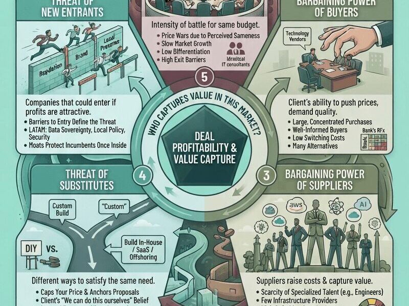 An infographic illustrating Porter's Five Forces analysis applied to the Latin American enterprise technology market. It is structured around a central pentagon labeled "Deal Profitability & Value Capture." Five distinct, illustrated modules surround it, detailing: Rivalry Among Existing Competitors (price wars), Bargaining Power of Buyers (large RFx processes), Bargaining Power of Suppliers (scarce engineering talent), Threat of New Entrants (regulatory moats), and Threat of Substitutes (internal builds). A special section highlights "The Latin American Lens," emphasizing the roles of regulation and relationships. The overall style is a professional, illustrative comic-panel look using a teal, green, and burgundy color palette.