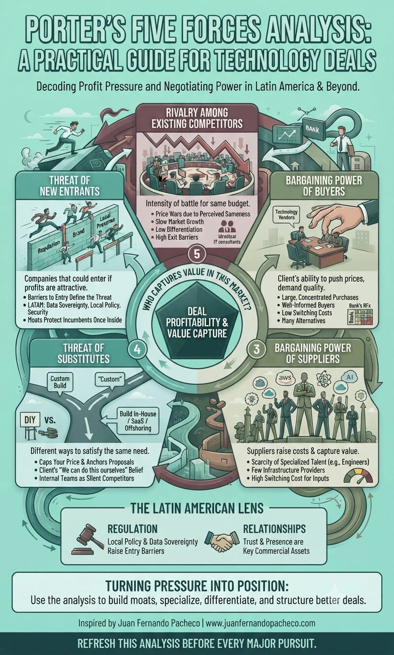 An infographic illustrating Porter's Five Forces analysis applied to the Latin American enterprise technology market. It is structured around a central pentagon labeled "Deal Profitability & Value Capture." Five distinct, illustrated modules surround it, detailing: Rivalry Among Existing Competitors (price wars), Bargaining Power of Buyers (large RFx processes), Bargaining Power of Suppliers (scarce engineering talent), Threat of New Entrants (regulatory moats), and Threat of Substitutes (internal builds). A special section highlights "The Latin American Lens," emphasizing the roles of regulation and relationships. The overall style is a professional, illustrative comic-panel look using a teal, green, and burgundy color palette.
